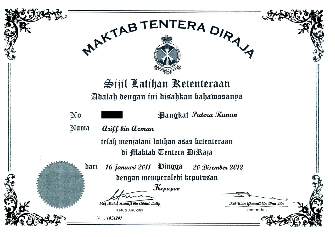 Basic military training certificate, Maktab Tentera Diraja (Royal Military College), 16 January 2011 to 20 December 2012. Army number redacted.