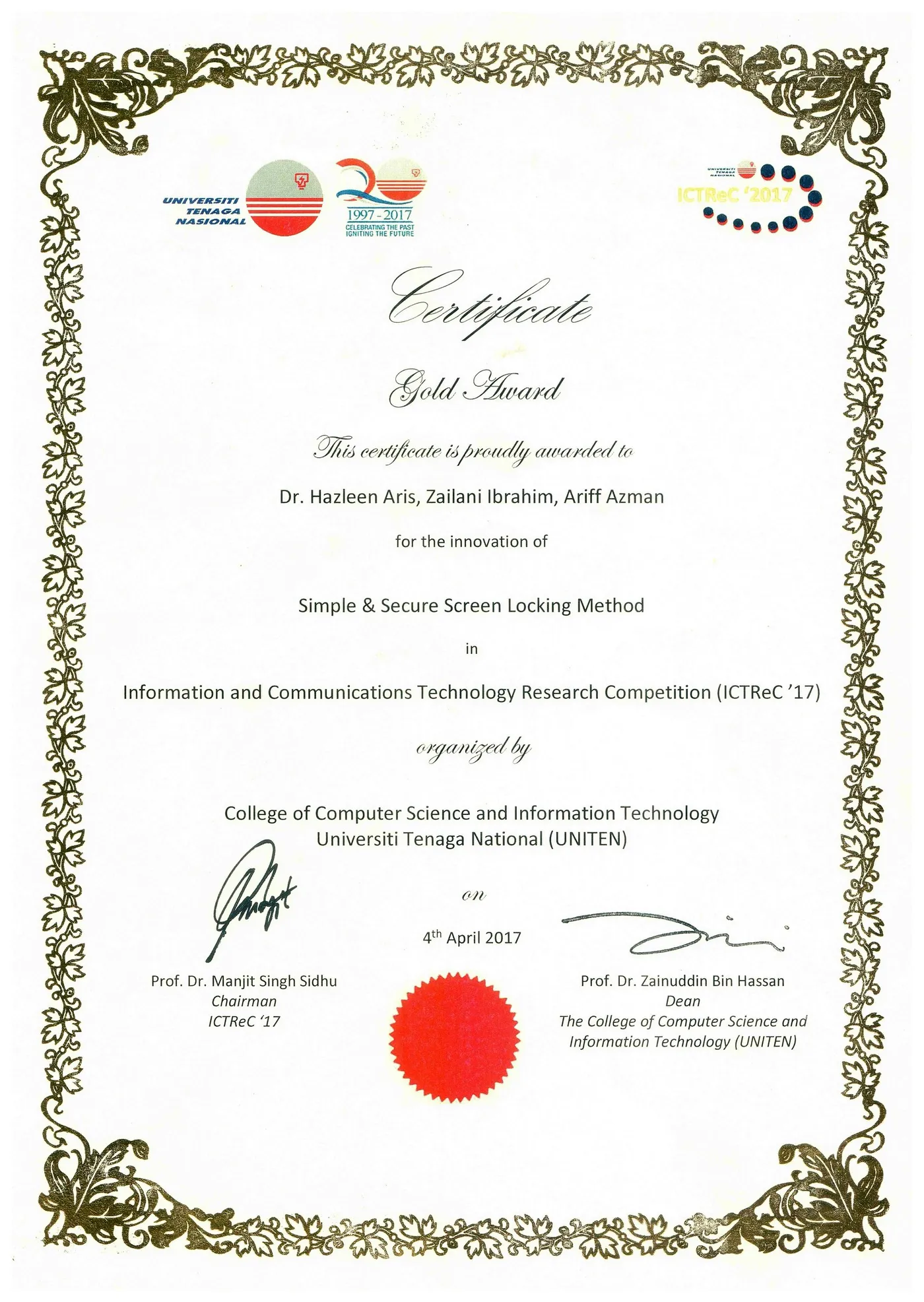 Gold Award certificate, Information and Communications Technology Research Competition (ICTReC '17), UNITEN, 4 April 2017