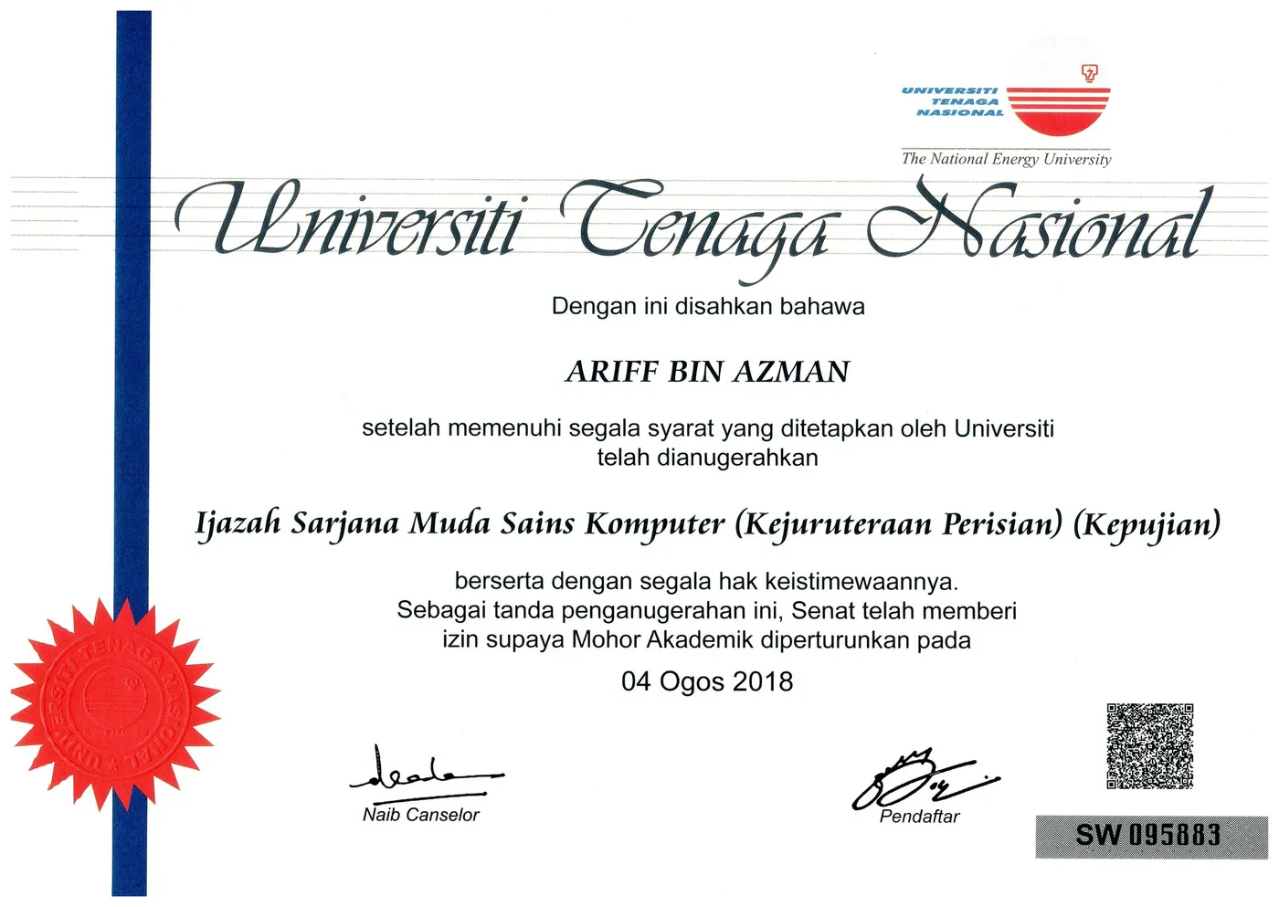 Degree scroll: Bachelor of Computer Science (Software Engineering) with Honours, The National Energy University (UNITEN), conferred 4 August 2018