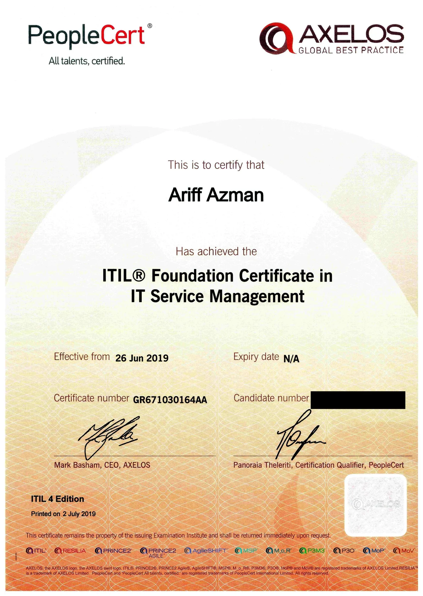 ITIL 4 Foundation Certificate in IT Service Management, issued by PeopleCert for AXELOS, effective 26 June 2019 with no expiry date. Candidate number redacted.