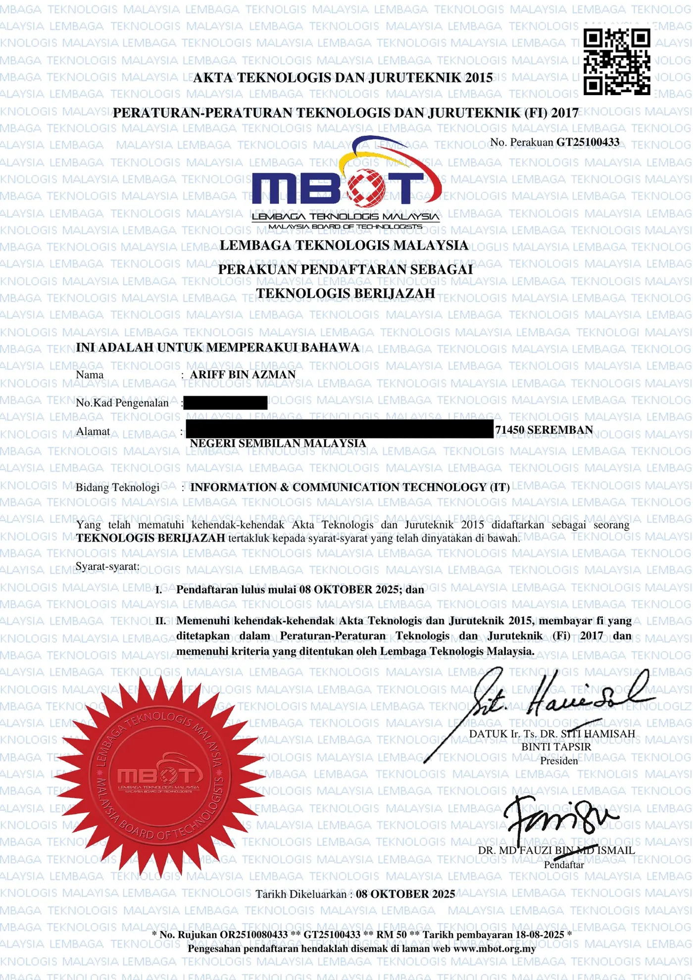 Certificate of Registration as Graduate Technologist, Malaysia Board of Technologists, issued 8 October 2025. Identity number and address redacted.
