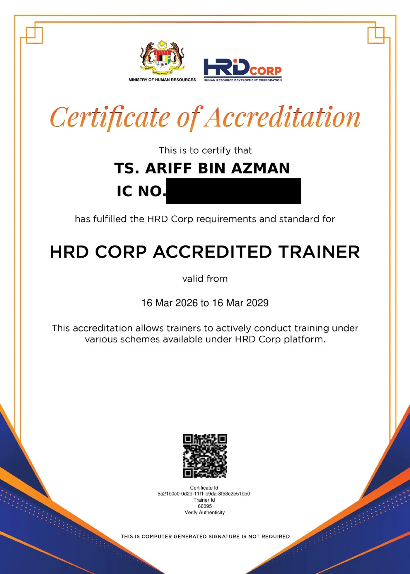 HRD Corp Certificate of Accreditation: HRD Corp Accredited Trainer, trainer ID 66095, valid 16 March 2026 to 16 March 2029. Identity number redacted.