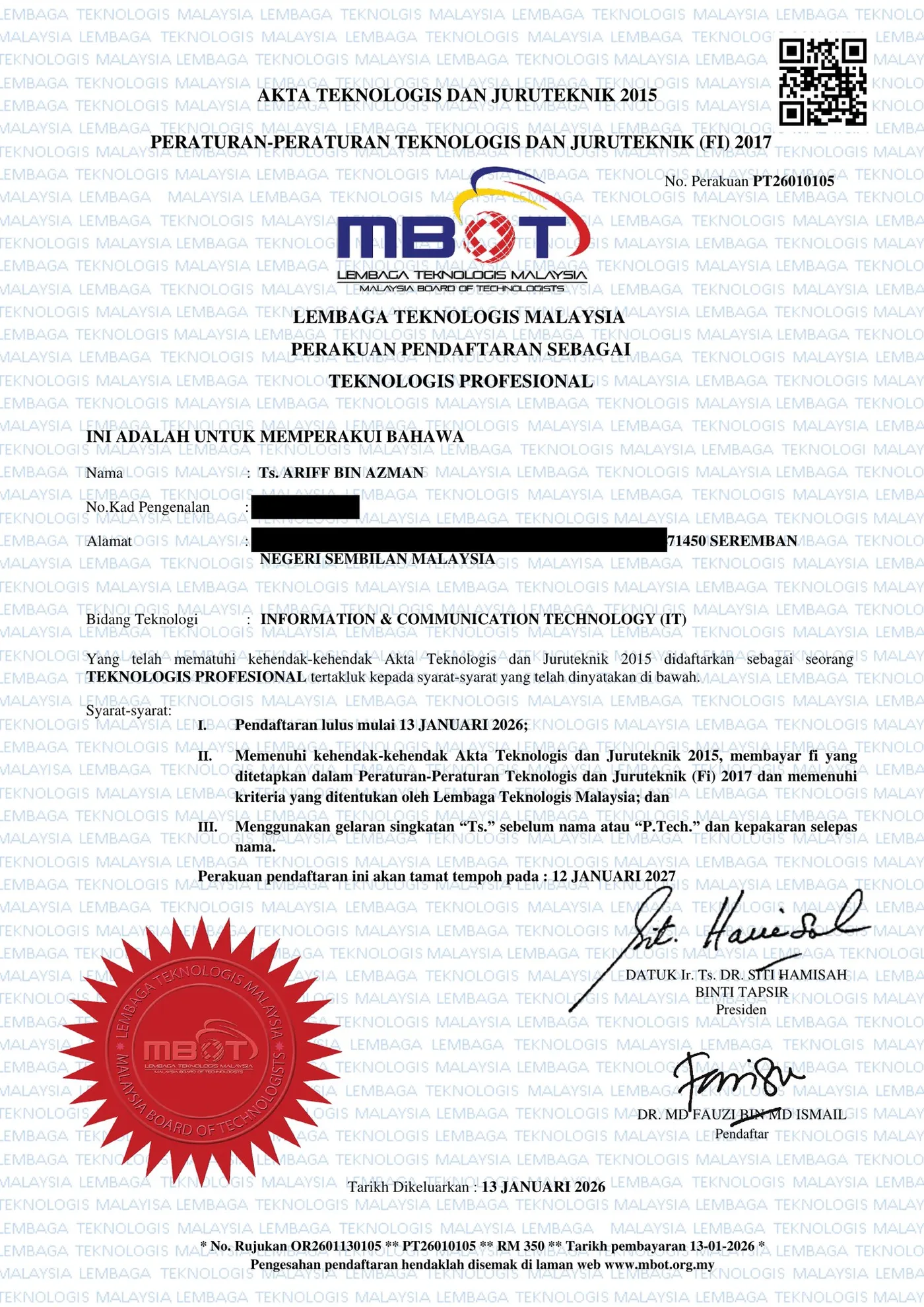 Certificate of Registration as Professional Technologist, Malaysia Board of Technologists, issued 13 January 2026 and valid until 12 January 2027. Identity number and address redacted.