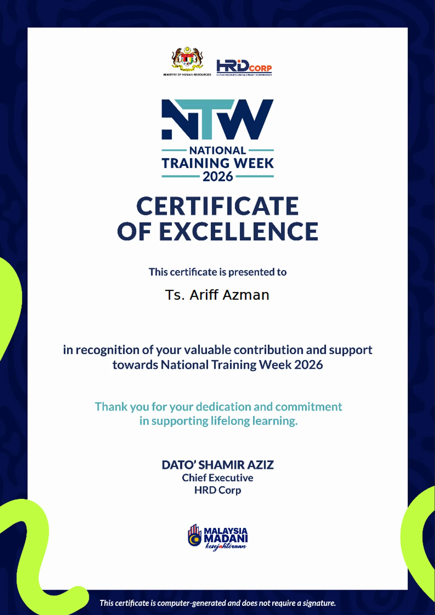 Certificate, HRD Corp National Training Week · 2026
